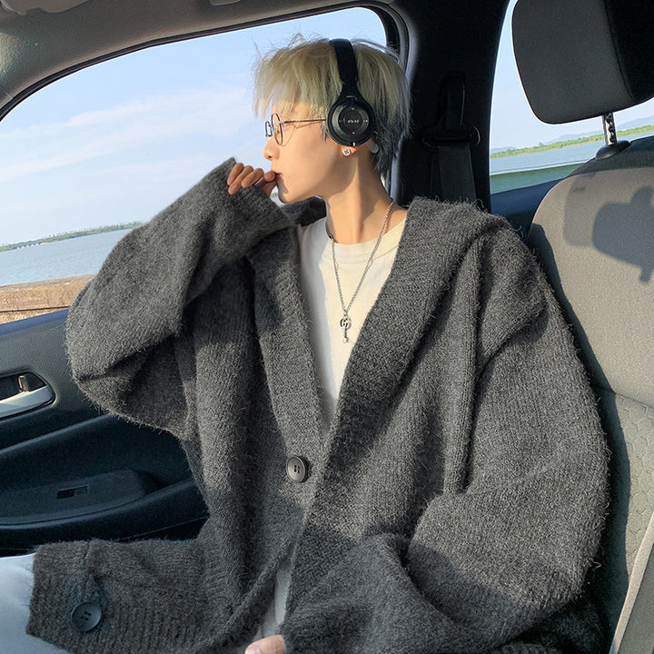 Unisex Oversized Mohair-Optik Strickcardigan mit Kapuze und großen Knöpfen Drune