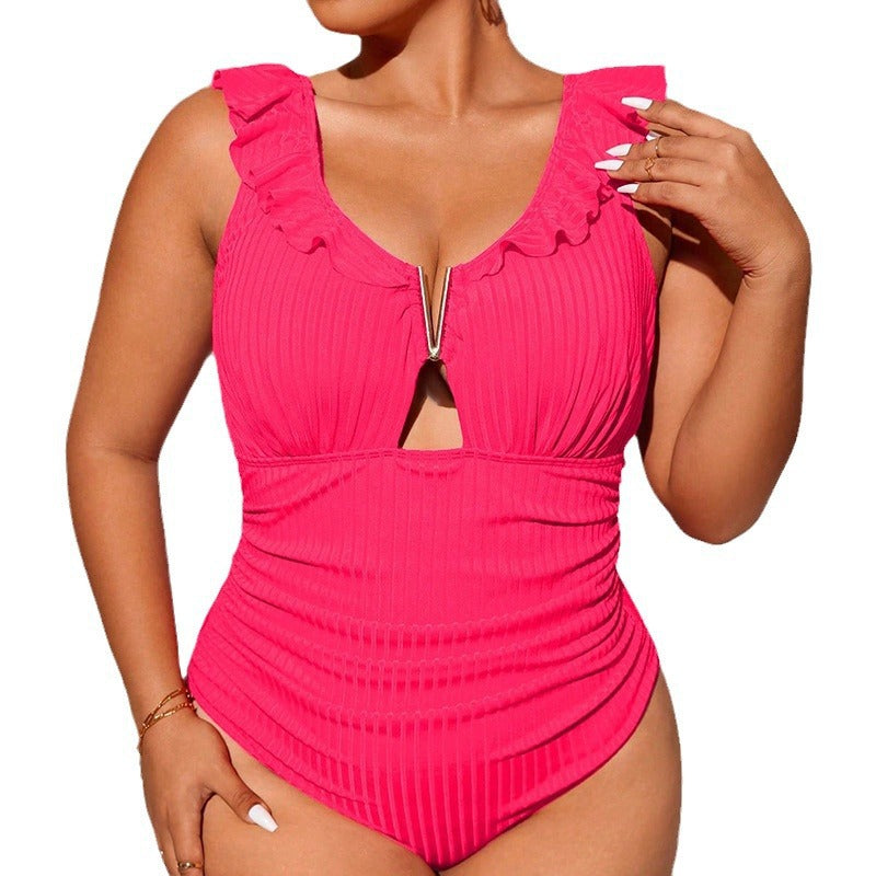 Damen Einteiler Badeanzug mit dekorativen Rüschendetails und modernem Cut-Out Drune