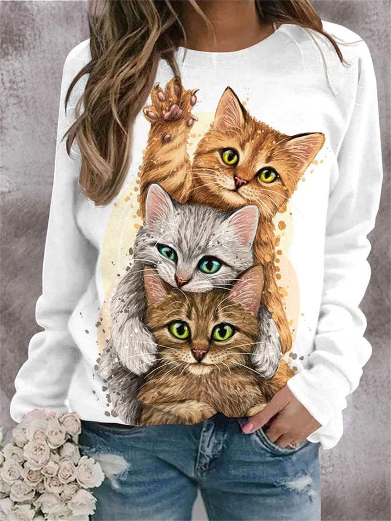 Damen Gemütlicher Übergroßer Fleece-Pullover mit Großem Welpenfoto-Print Drune