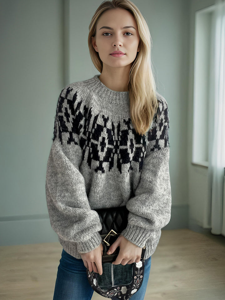 Damen Strickpullover mit voluminösen Ärmeln und modernem Muster Drune