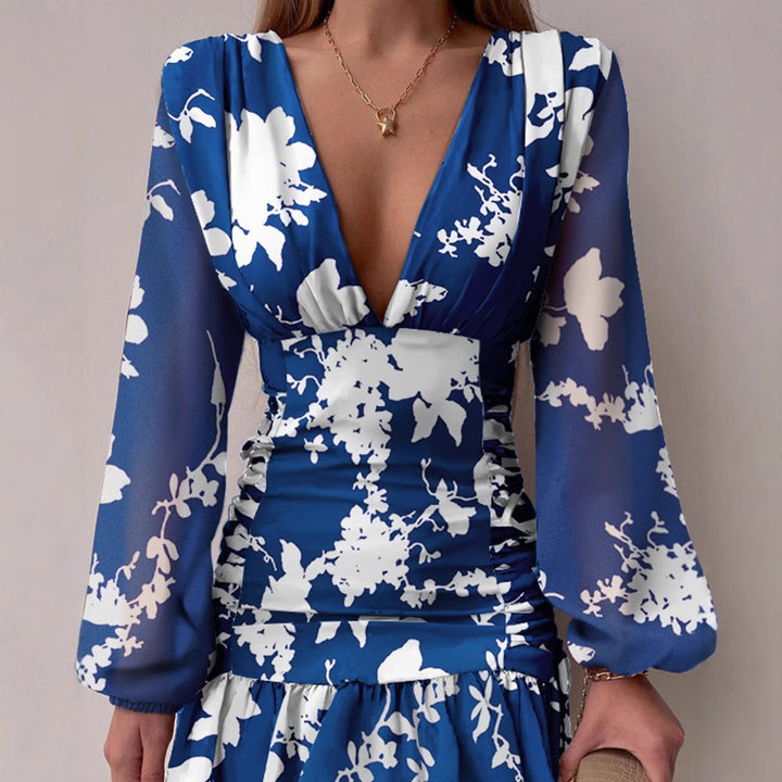 Damen Festliches Minikleid mit tiefem V-Ausschnitt und schimmernden Puffärmeln Drune