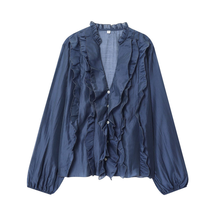 Damen nan seidige Rüschenbluse mit Stehkragen, Volantfront und Ballonärmeln Drune