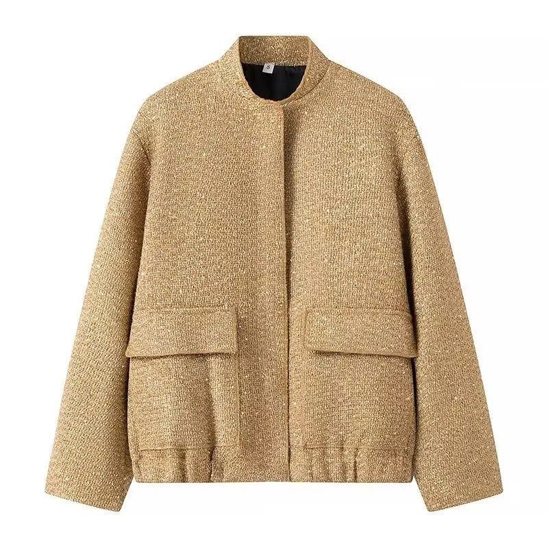 Damen 400+ Bouclé Kurzjacke mit Stehkragen, Pattentaschen und taillierendem Saum Drune