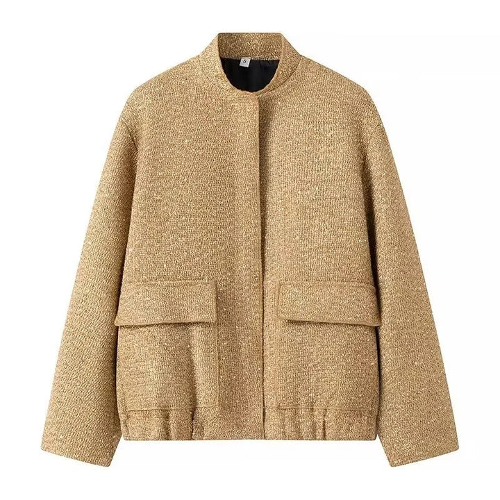 Damen 400+ Bouclé Kurzjacke mit Stehkragen, Pattentaschen und taillierendem Saum Drune