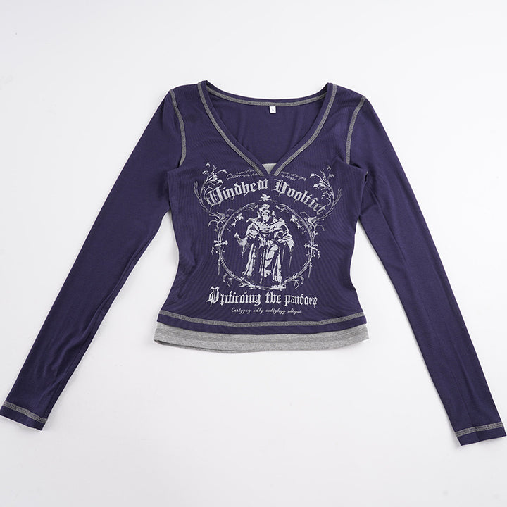 Damen Enganliegendes geripptes Langarm-Top mit V‑Ausschnitt, Kontrastnähten und Gothic-Print Drune