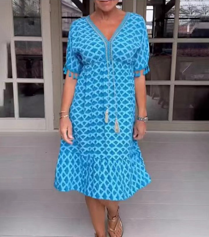 Damen nan lässiges V-Ausschnitt Strandkleid mit Quastenbindeband und Volantrock Drune