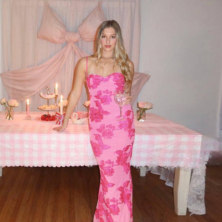 Damen elegantes Spitzen-Maxikleid mit herzförmigem Ausschnitt und fließendem Rüschendesign Drune