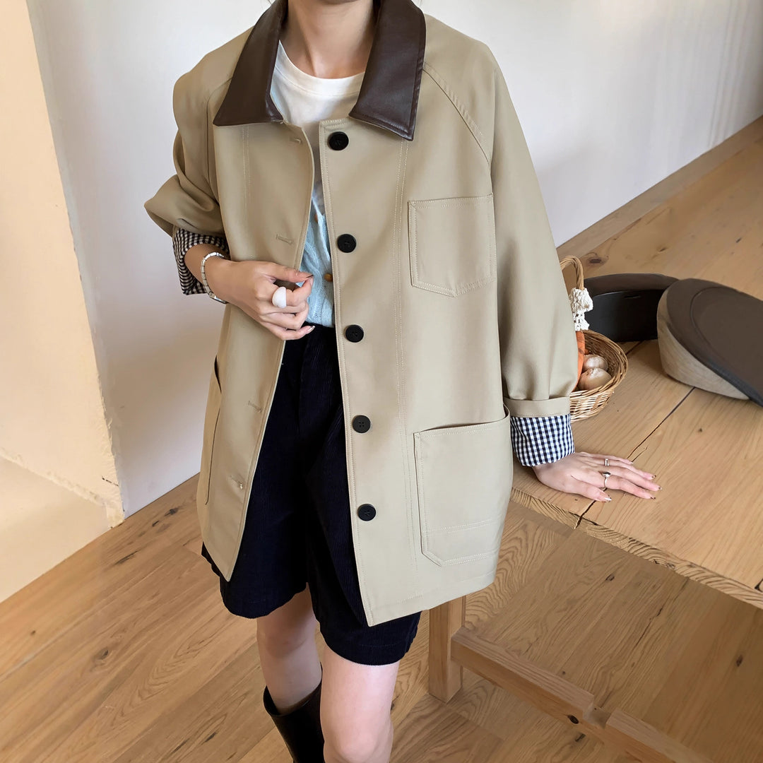 Damen Leichte Oversize-Übergangsjacke mit Kontrastkragen und kariertem Ärmelsaum Drune