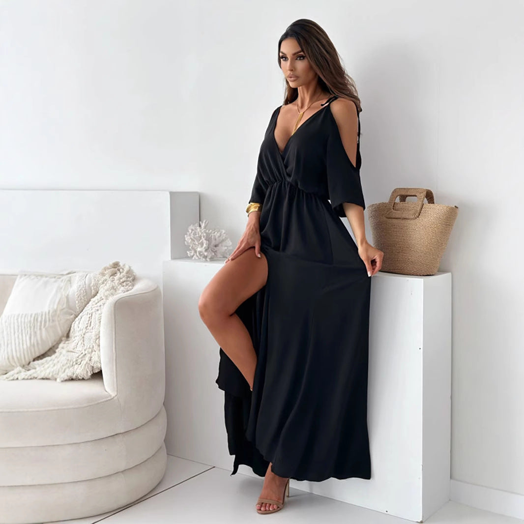 Damen Maxikleid mit schulterfreier Optik und elegantem V-Ausschnitt Drune