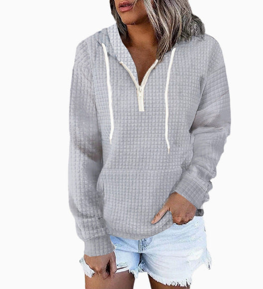 Damen Waffelstruktur Kapuzenpullover mit Halbzip, Kängurutasche und lässigem Oversize‑Schnitt Drune