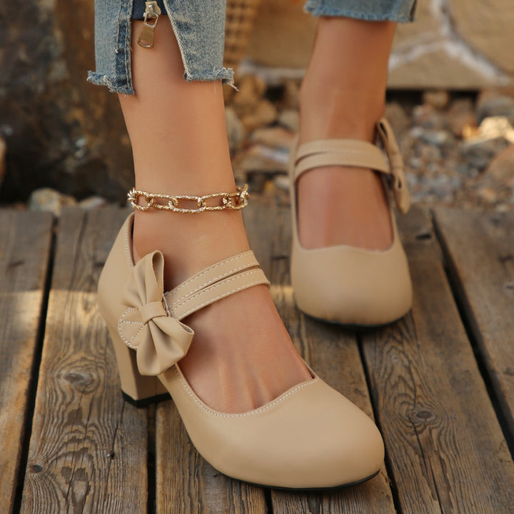 Damen Lack-Mary-Jane Pumps mit dekorativer Schleife und mittelhohem Blockabsatz Drune