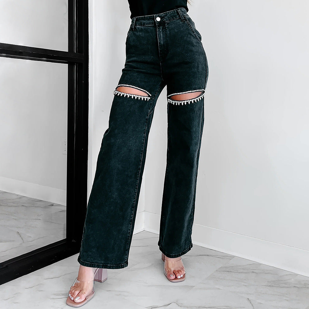 Drune | Lässige Nieten Ripped Straight Leg Damen Jeans