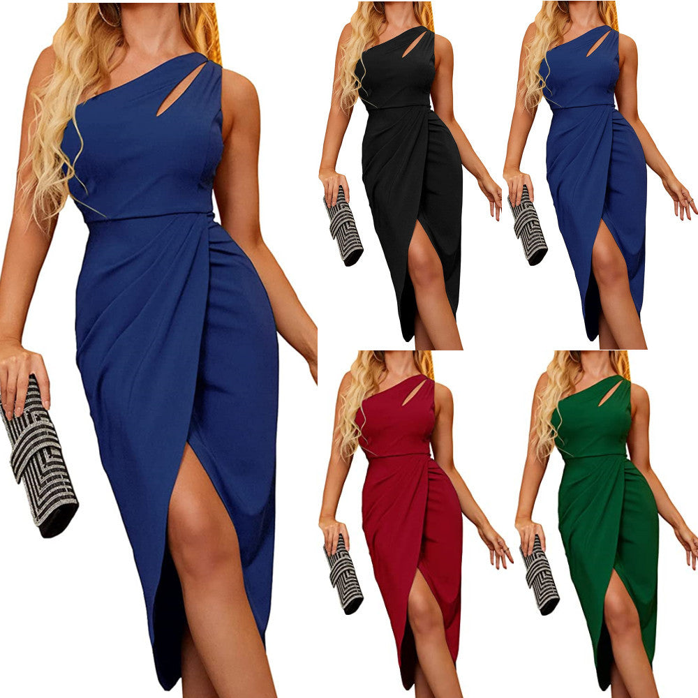 Damen Ein-Schulter Drapiertes Midi Kleid Drune