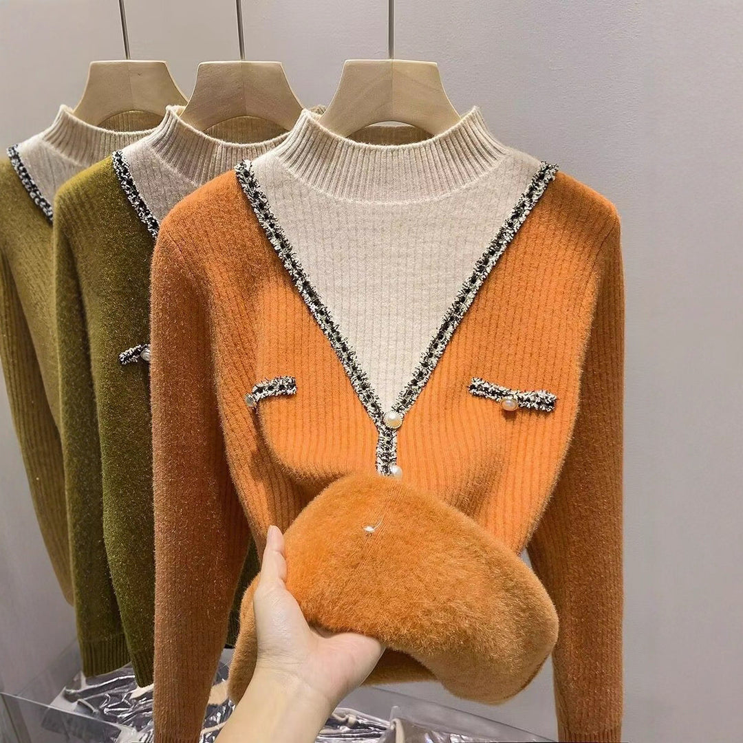 Damen modischer V-Pullover mit Schimmer-Details und Knöpfen Drune