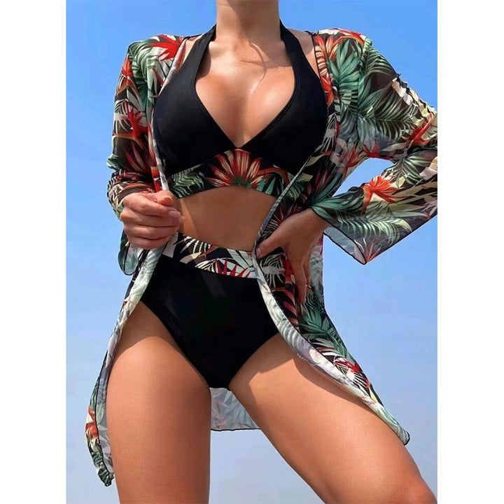 Damen Strandset mit floralem Kimono und High-Waist Bikini Drune