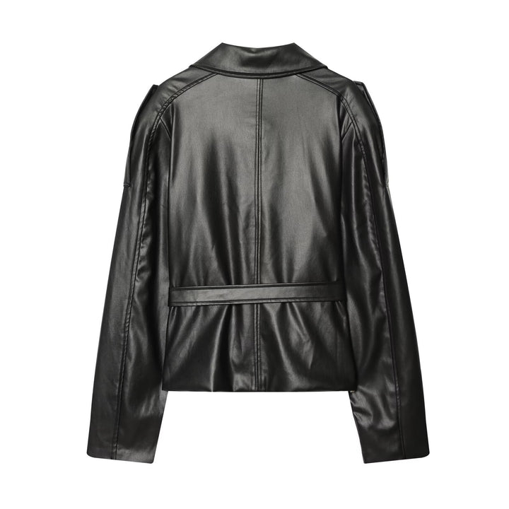 Damen Kurz-Trenchcoat aus Lederoptik mit Taillengürtel Drune