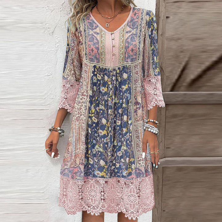 Frauen Boho Midi Kleid mit floralem Patchwork-Druck, Dreiviertelärmel und Häkelspitze Drune