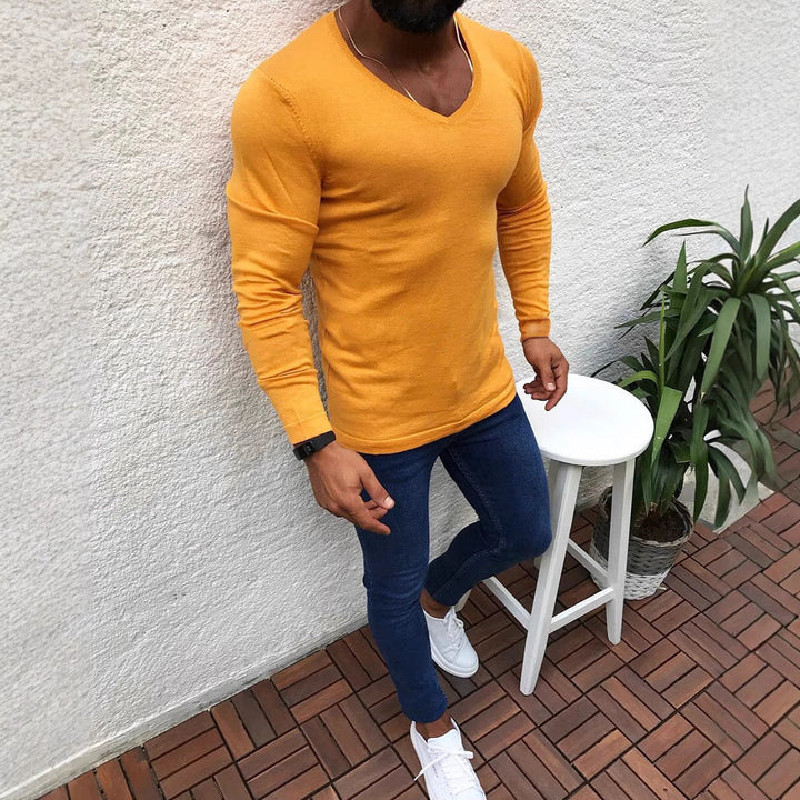 Herren figurbetontes Longsleeve aus Baumwolle mit V-Ausschnitt Drune