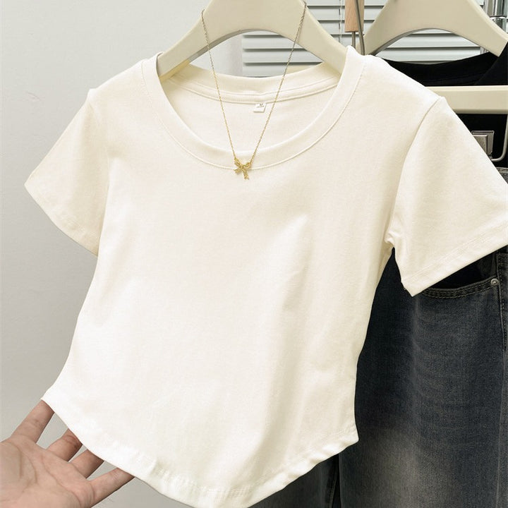 Damen Cropped Kurzarm Basic T-Shirt Drune