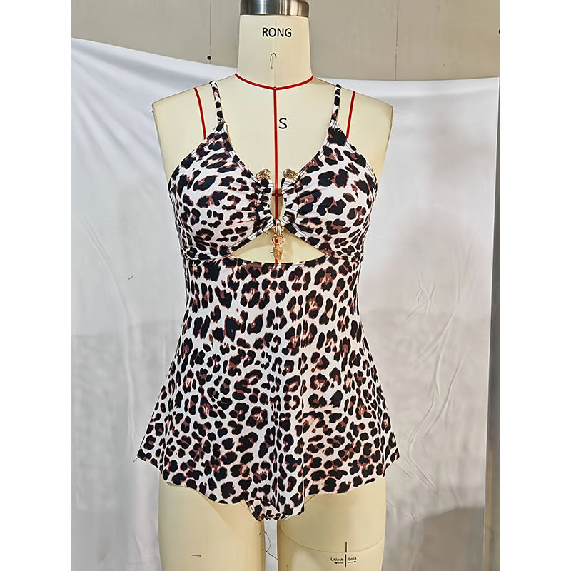 Damen Einteiler Badeanzug mit modischem Leopardenmuster und raffiniertem Cut-Out Drune