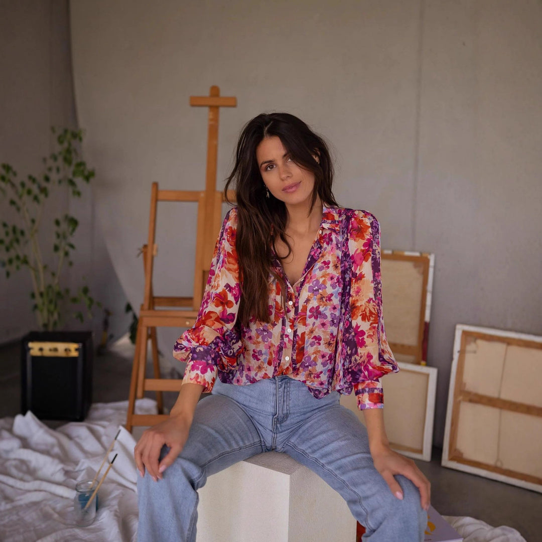 Damen Bluse mit floralen Mustern und eleganten Volantärmeln Drune