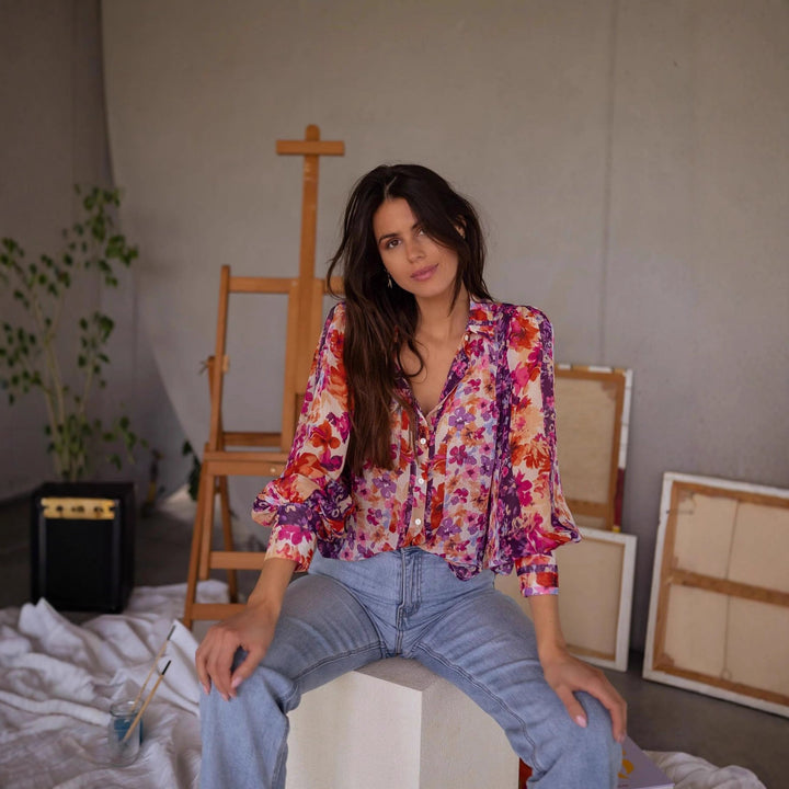 Damen Bluse mit floralen Mustern und eleganten Volantärmeln Drune
