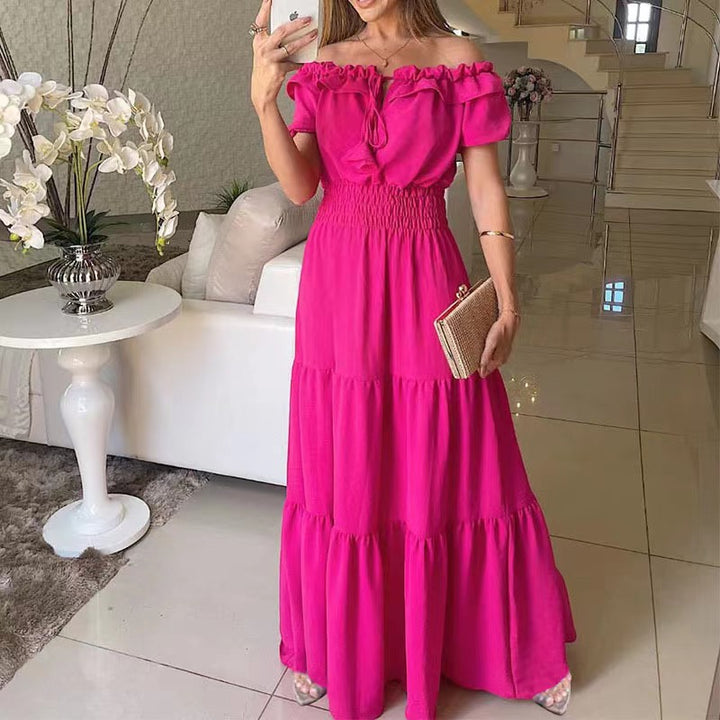 Damen Maxikleid mit schulterfreiem Design und voluminösen Rüschen Drune