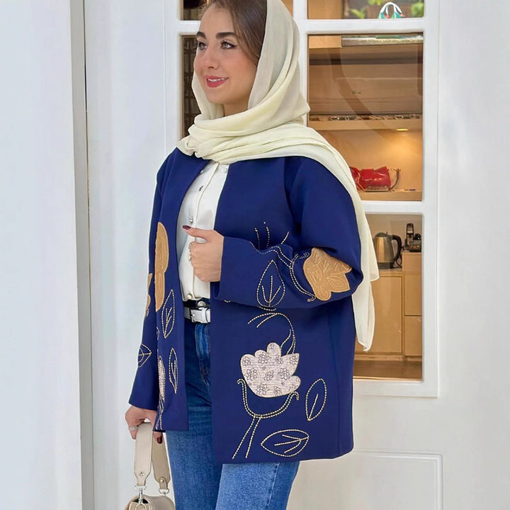 Damen offener Strickblazer mit floraler Stickerei & Applikationen Drune