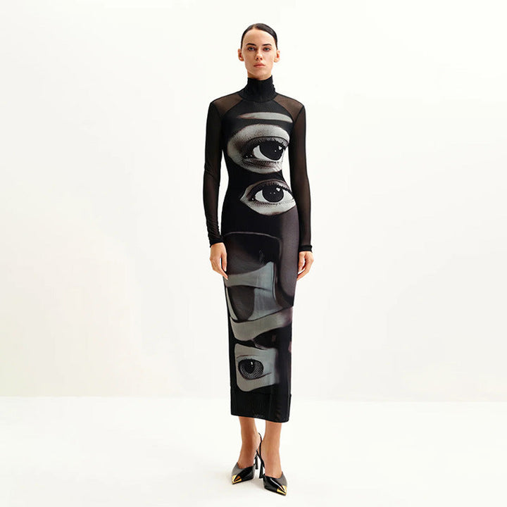 Damen Langarm Maxikleid mit grafischem Muster und hochgeschlossenem Kragen Drune