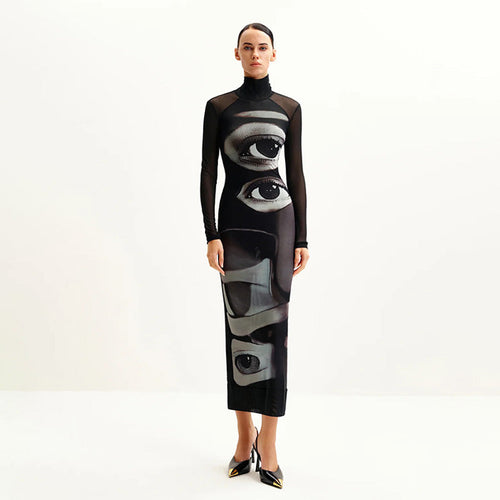 Damen Langarm Maxikleid mit grafischem Muster und hochgeschlossenem Kragen Drune