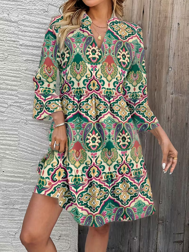 Damen Florales Babydoll-Kleid mit V-Ausschnitt, hohem Empire‑Bund und Glockenärmeln Drune
