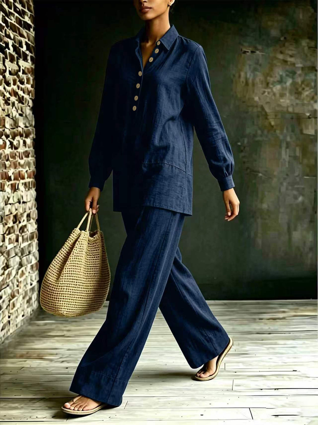 Damen Tunika-Hose Set aus Leinenoptik mit Hemdkragen und weitem Schnitt Drune