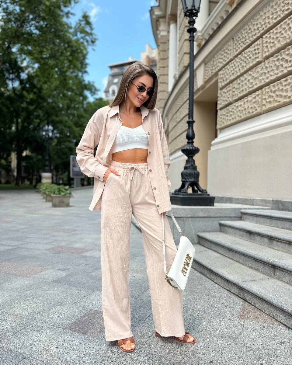 Damen Leichter Leinen-Zweiteiler mit oversized Hemd und High‑Waist Palazzohose Drune