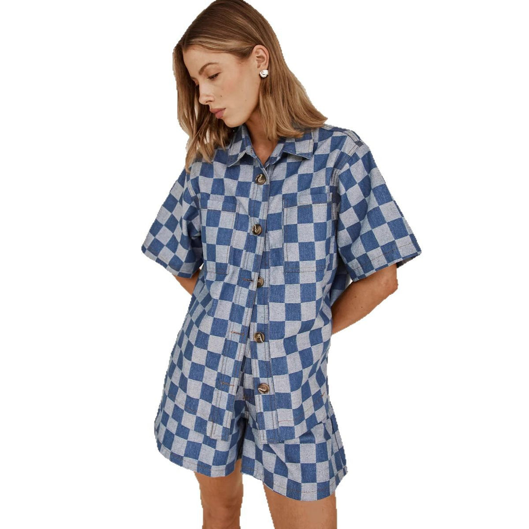 Damen Karierter Hemden-Set aus Denim Drune