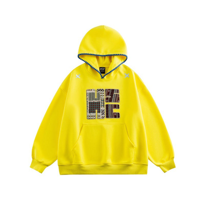Unisex Weit geschnittener Kapuzenpullover mit Patchwork-Applikation und Kängurutasche Drune