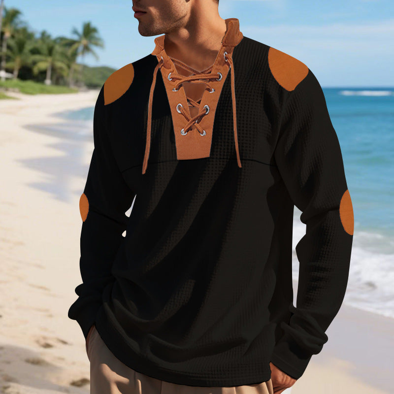 Herren lässiges Langarm-Henley-Shirt mit ausgefallenem Schnürdesign und kontrastrierenden Ellenbogen-Patches Drune