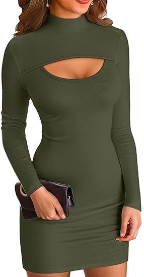 Damen figurbetontes Minikleid mit hochgeschlossenem Ausschnitt und Cut-Out Drune