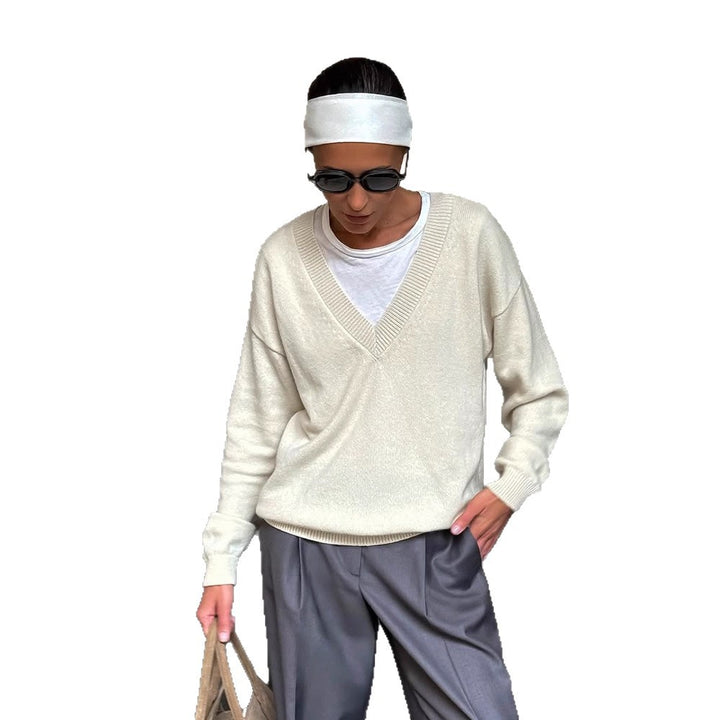 Damen Oversize V-Ausschnitt Pullover aus Kaschmir-Mix mit geripptem Saum Drune