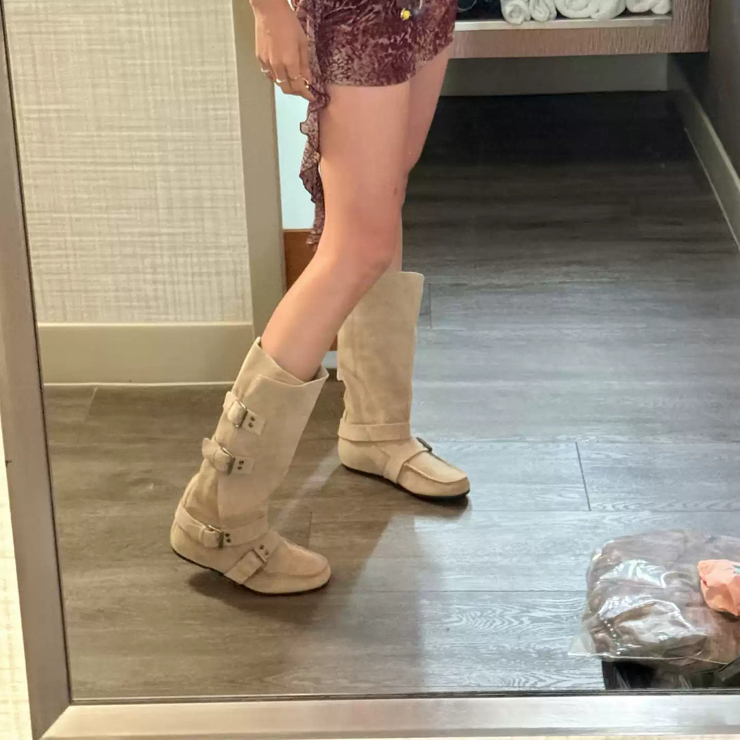 Damen Modische Stiefel mit verstellbaren Schnallen Drune