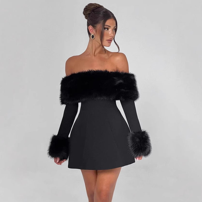 Damen Offshoulder-Kleid mit luxuriöser Futterverzierung und schwingendem Rock Drune