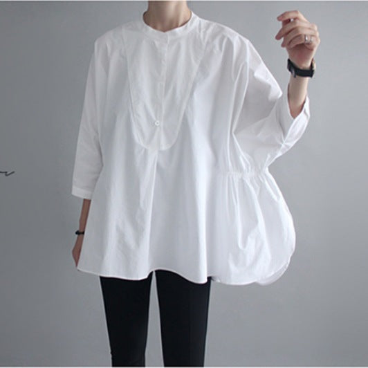 Damen Oversized-Bluse mit Stehkragen, ballonförmiger Silhouette und 3/4-Ärmeln Drune