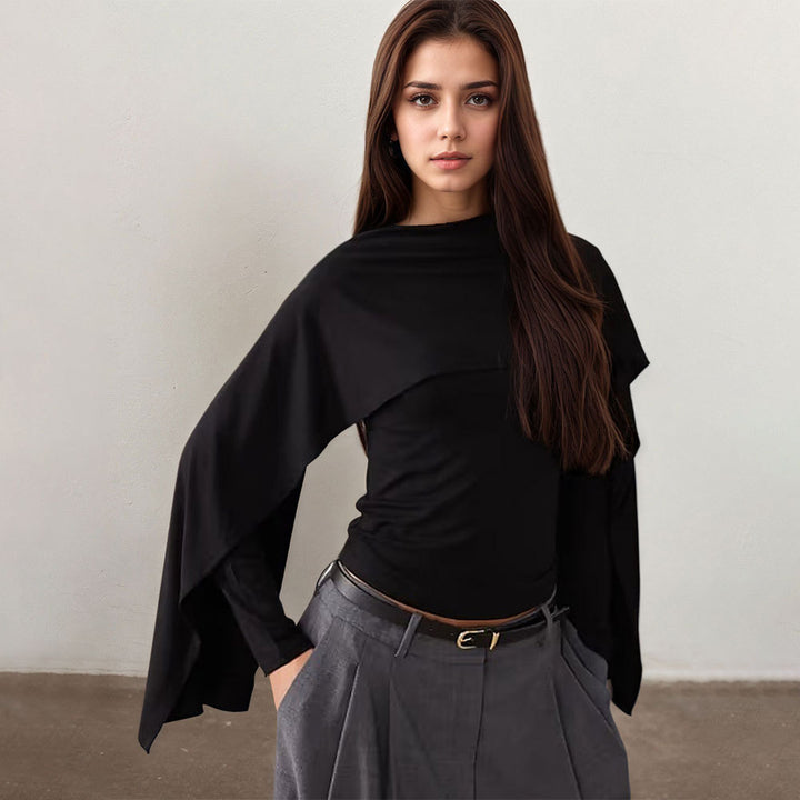 Damen asymmetrisches Cape-Longsleeve mit hohem Kragen und fließendem Overlay Drune