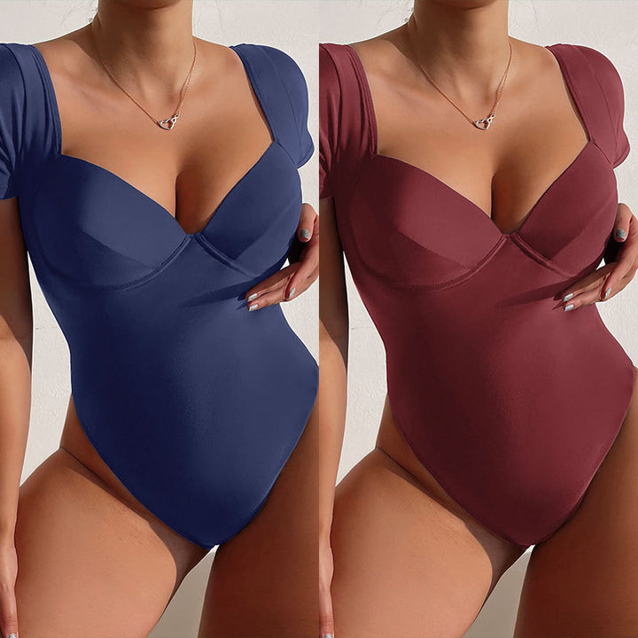 Damen Einteiler Badeanzug mit eleganten Trägern und sculpturalem V-Ausschnitt Drune