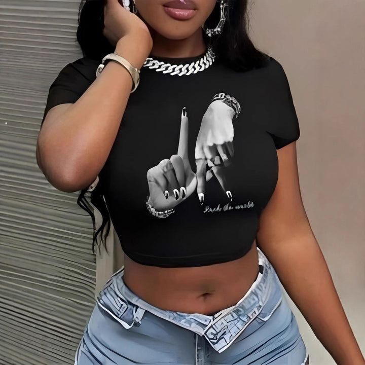 Damen Crop-Top mit künstlerischem Statement-Druck Drune