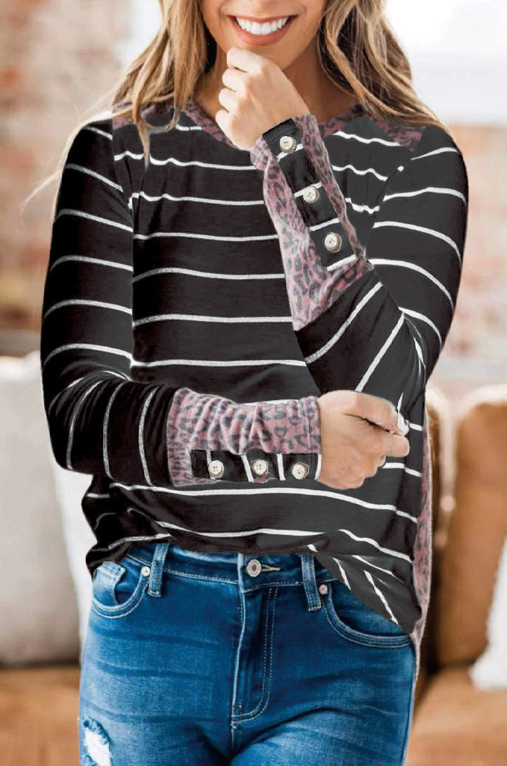 Damen Lässiges Streifen‑Langarmshirt mit Knopfmanschetten und Leo‑Kontrast Drune