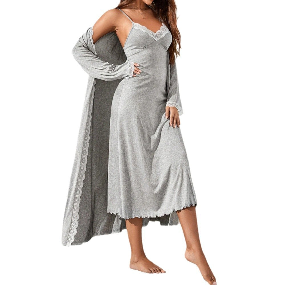 Damen luxuriöses Nachthemd mit elegantem Spitzenbesatz und langem Cardigan Drune