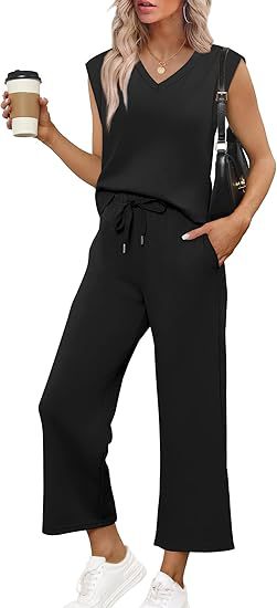 Damen Lässiges Zweiteiliges Lounge-Set mit Ärmellosem V-Neck-Top und Weiten Kordelbund-Hosen Drune