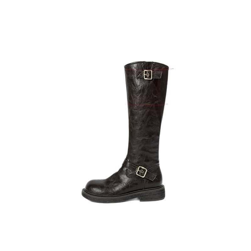 Damen Kniehohe Lederoptik-Stiefel mit verstellbaren Zierschnallen Drune