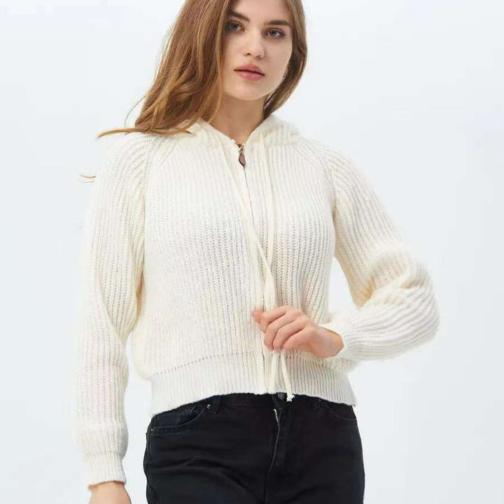 Damen Cropped Hoodie aus weichem Rippstrickmaterial mit praktischen Kordelzügen Drune