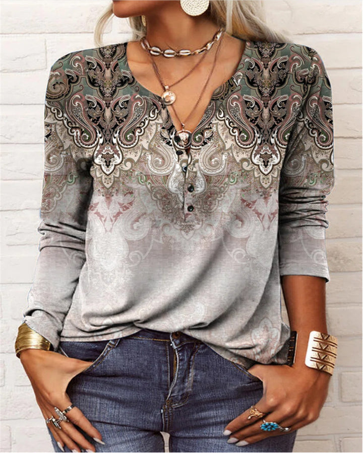 Damen Lockeres Langarm‑Henleyshirt mit V‑Ausschnitt, Knopfleiste und Ombre‑Print Drune